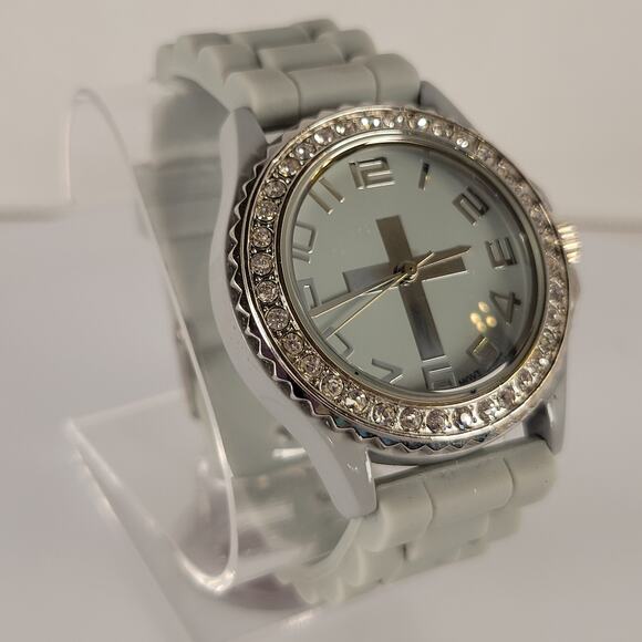 Silver Cross Watch with Rhinestone Bezel and Gray Silicone Strap Religious - Picture 9 of 15